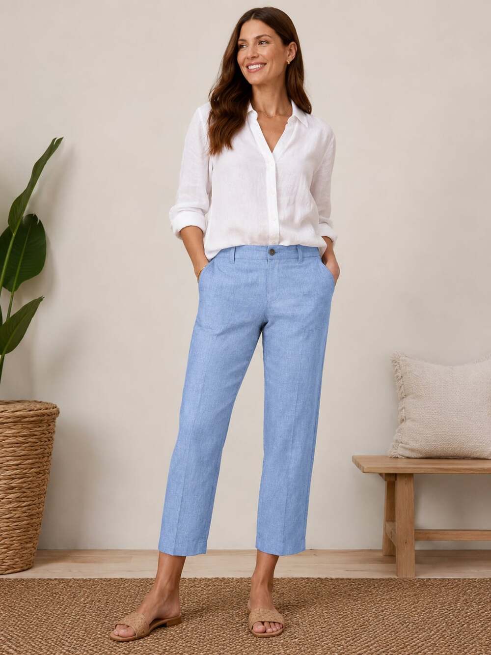 Banana Republic Light Blue Linen Dress Pants sz 12 Trouser Crop Stretch Casual